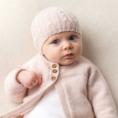 'cable knit hat' 'dress cardigan' 'blush pink' 'baby knitwear' 'merino' 'cashmere'